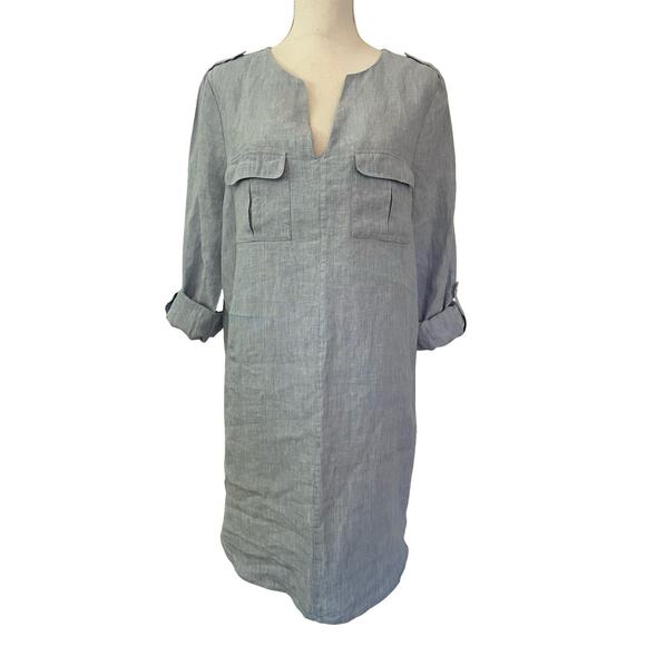 Joie Rathana 100% Linen Tunic Mini Shift Dress Size M Blue Roll Tab Sleeve Beach - Picture 1 of 9